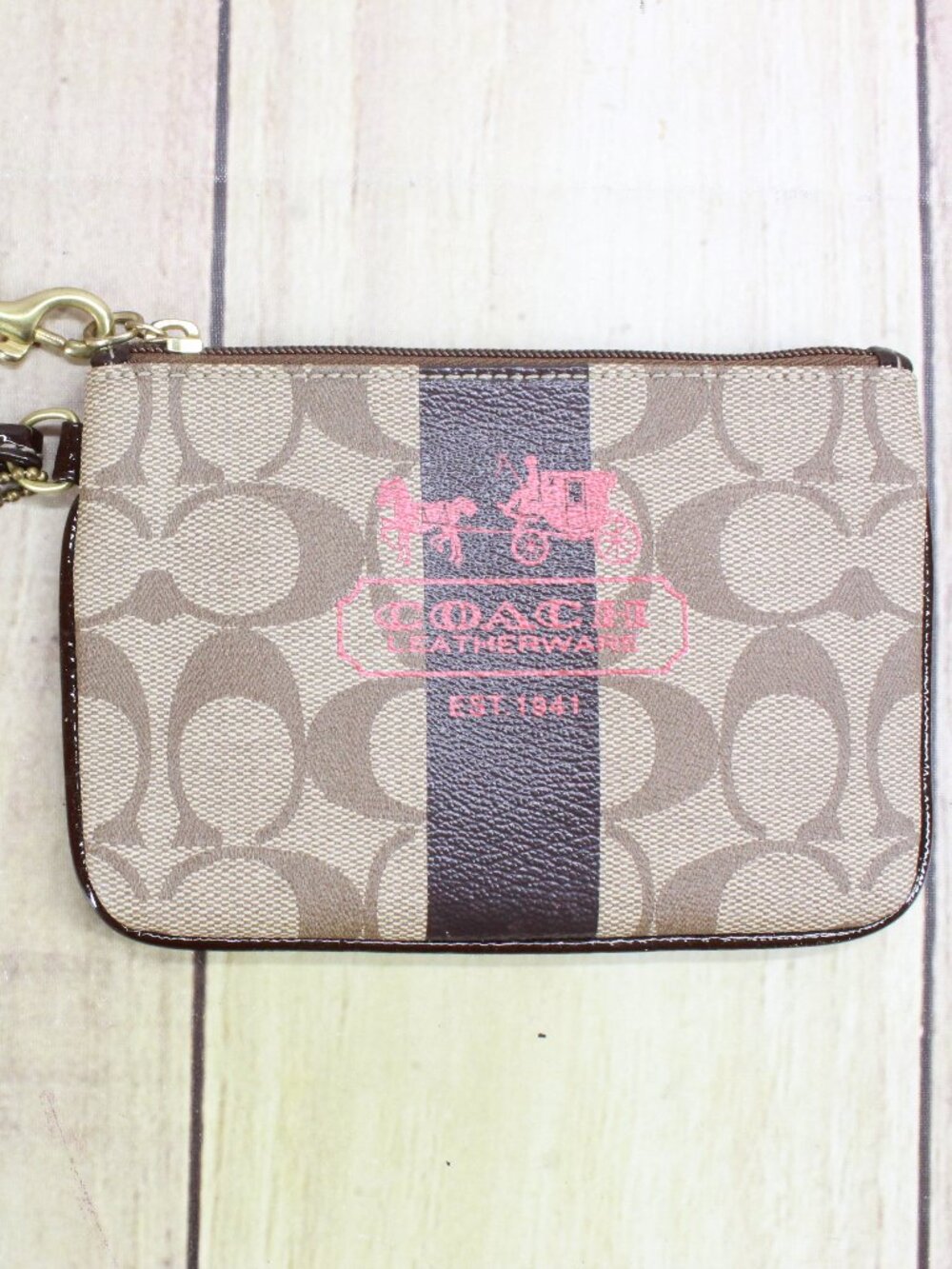 Coach Heritage Brown Signature Canvas Stripe Lined Corner Zip Wristlet